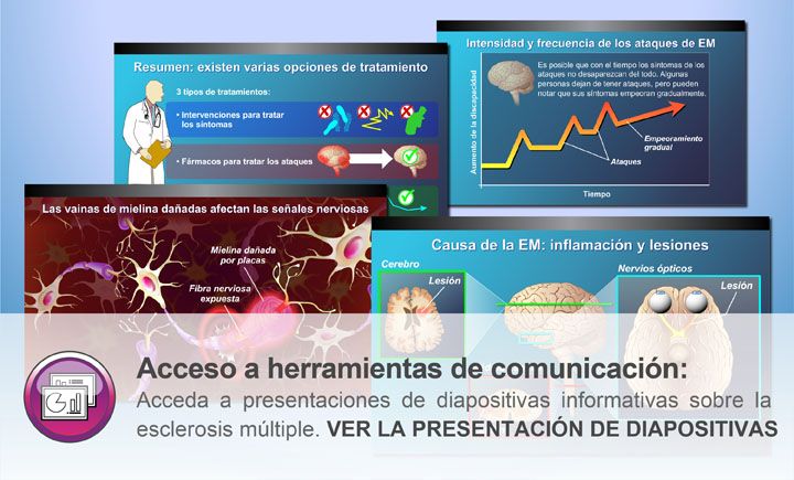 Acceda a presentaciones de diapositivas informativas sobre la esclerosis múltiple. VER LA PRESENTACIÓN DE DIAPOSITIVAS 